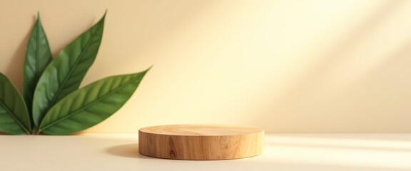 Poster - Minimalist Product Display with Wooden Platform and Green Leaves