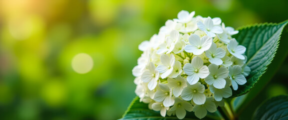 Canvas Print - White hydrangea flowers in bloom with green leaves and bokeh background