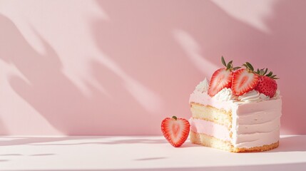 Poster - A slice of strawberry cake on a pink background.