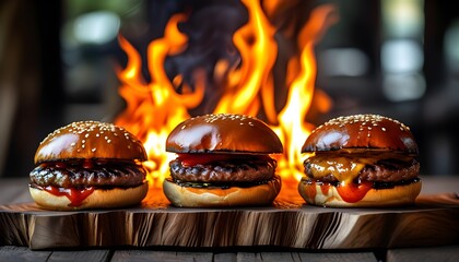 Gourmet flame-grilled burgers served on wooden board against roaring fire backdrop