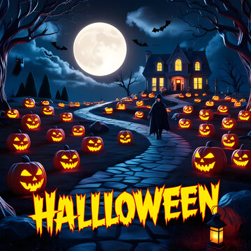 Halloween Background Illustration. Halloween Night Beware the Shadows, Ghosts, Ghouls, and Glowing Pumpkins