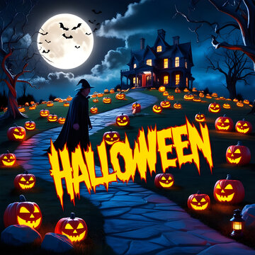 Halloween Background Illustration. Halloween Night Beware the Shadows, Ghosts, Ghouls, and Glowing Pumpkins
