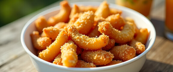 Canvas Print - Close-up of breaded shrimp in a white bowl