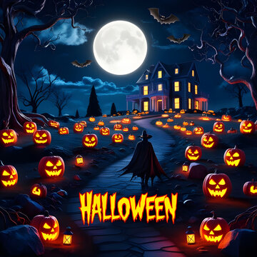 Halloween Background Illustration. Halloween Night Beware the Shadows, Ghosts, Ghouls, and Glowing Pumpkins