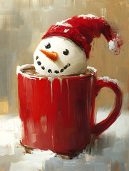 Wall Mural - Red mug with hot chocolate with melted marshmallow snowman