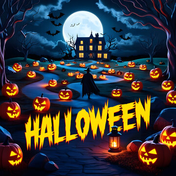 Halloween Background Illustration. Halloween Night Beware the Shadows, Ghosts, Ghouls, and Glowing Pumpkins