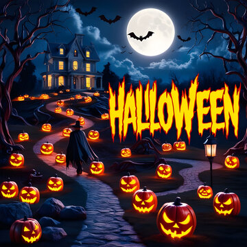 Halloween Background Illustration. Halloween Night Beware the Shadows, Ghosts, Ghouls, and Glowing Pumpkins