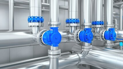 Close-up of industrial pipes and valves with blue accents in a modern facility, showcasing advanced machinery and engineering.