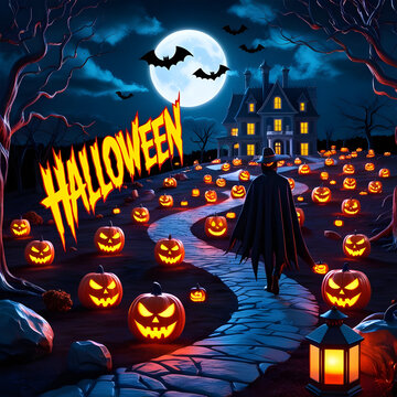 Halloween Background Illustration. Halloween Night Beware the Shadows, Ghosts, Ghouls, and Glowing Pumpkins
