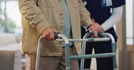 Wall Mural - People, hands and walker with help of caregiver for mobility assistance, healthcare and recovery. Medical, support and person with a disability in clinic for rehabilitation at occupational therapy