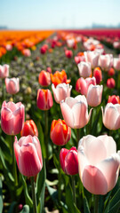 Poster - Pink Tulips Field Blooming in Spring