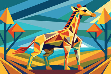 Canvas Print - A colorful cubist giraffe stands gracefully amidst abstract shapes, with trees and geometric hills creating a vibrant artistic expression.