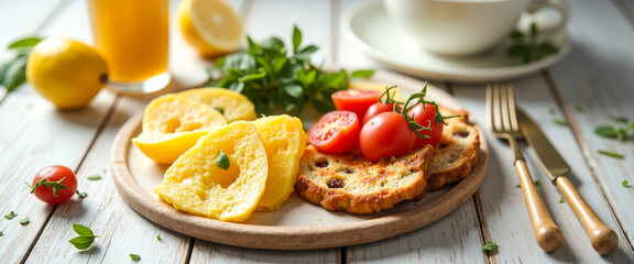 Canvas Print - Fresh and Healthy Breakfast with Tomatoes and Lemon