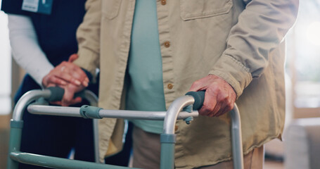 Canvas Print - People, hands and walker with support of caregiver for mobility assistance, healthcare and recovery. Medical, service and person with a disability in clinic for rehabilitation at occupational therapy