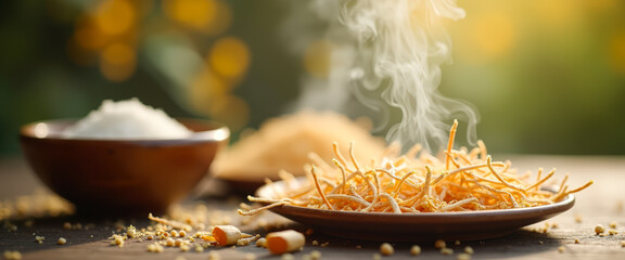 Poster - Steaming Cordyceps Mushrooms in a Bowl on a Wooden Table