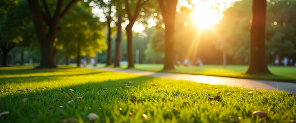 Poster - Golden Hour Glow on Lush Grass in Park