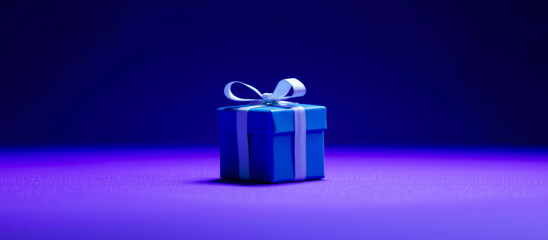 Sticker - Blue Gift Box with White Ribbon on Purple Background