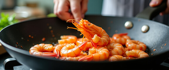 Canvas Print - Close-up of cooked prawns in a black pan