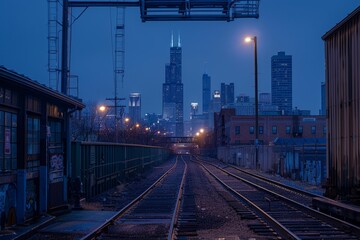 A quiet urban scene at dusk featuring train tracks leading to skyscrapers. The city skyline glows softly with lights in the evening. An evocative moment captured beautifully. Generative AI