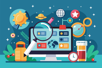 Aufkleber - A digital workspace showcases various tools and symbols representing curiosity, technology, and global exploration amid vibrant backgrounds.