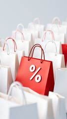 Poster - Red Shopping Bag with Percentage Sign Surrounded by White Shopping Bags