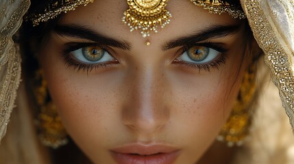 Close-up portrait of a beautiful woman with golden jewelry and a veil looking directly at the camera.