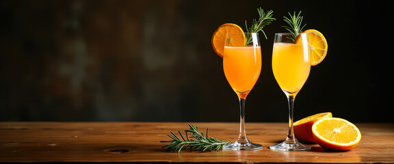 Poster - Two Orange Cocktails with Rosemary Garnish on Wooden Table