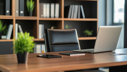 An office workspace with a desk, chair, laptop, tablet, and plants