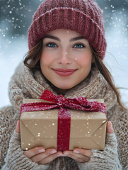 Wall Mural - winter holidays, christmas and people concept - close up of happy woman with present or gift box outdoors