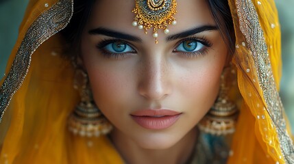 Wall Mural - Closeup portrait of a beautiful woman wearing a yellow headscarf and traditional Indian jewelry.