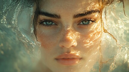 Wall Mural - Closeup portrait of a young woman with blue eyes submerged in water, sunbeams shining through the water.