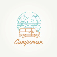 minimalist camper van caravan with a background of beach and mountains line art icon logo vector ill