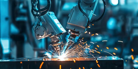 Poster - Industrial welding hand robots in manufacturing production lines plants 