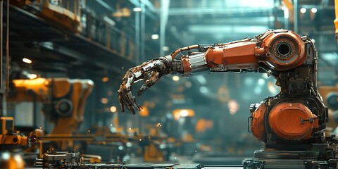 Poster - Industrial welding hand robots in manufacturing production lines plants  