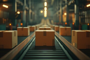 Cardboard boxes moving on a conveyor belt in a distribution warehouse, Logistics, shipping