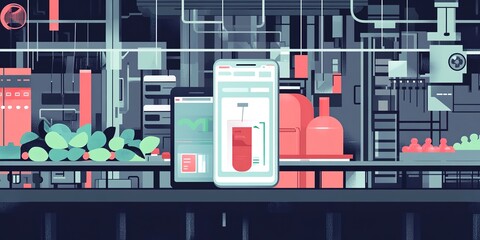 Poster - Illustrating a nutrition analysis app scanning factory foods against a food safety tech backdrop, highlighting tech in food safety and nutrition content 