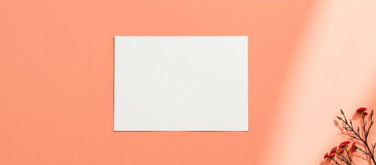 Poster - Blank Card Mockup with Flowers on Coral Background