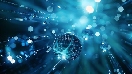 Poster - Blue abstract sphere with water drops and a bokeh background.