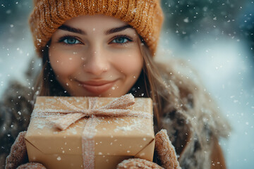 Wall Mural - winter holidays, christmas and people concept - close up of happy woman with present or gift box outdoors