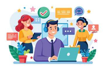 Poster - A team of customer support professionals interacts with clients, providing assistance and receiving feedback in a vibrant, collaborative workspace.