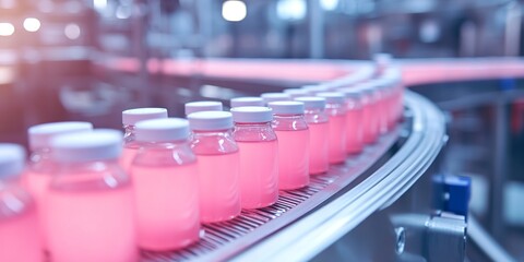 Wall Mural - Assembly line with bottles of pink liquid on conveyor belt in pharmaceutical factory, focus on production and automation in modern industry. 