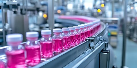 Wall Mural - Assembly line with bottles of pink liquid on conveyor belt in pharmaceutical factory, focus on production and automation in modern industry 