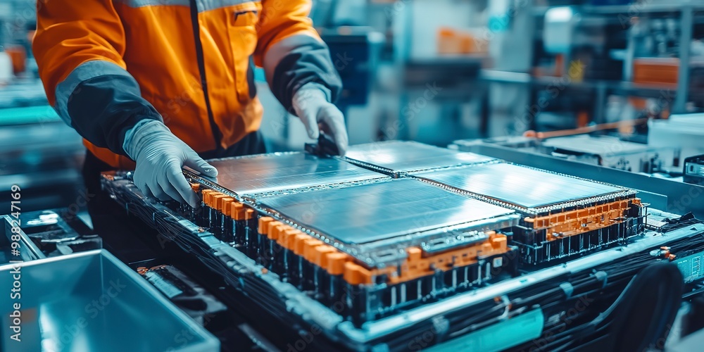 An engineer is working with EV car battery cells module in laboratory ...