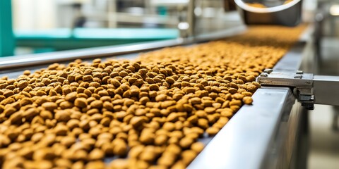 Sticker - An industrial pet food manufacturing process showing kibble being efficiently processed and sorted on an automated conveyor belt system.