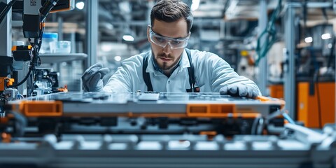 Poster - An engineer is working with EV car battery cells module in laboratory