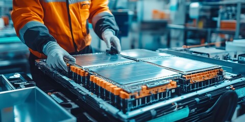 Poster - An engineer is working with EV car battery cells module in laboratory