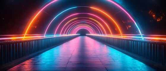 Neon archway tunnel with glowing lights.