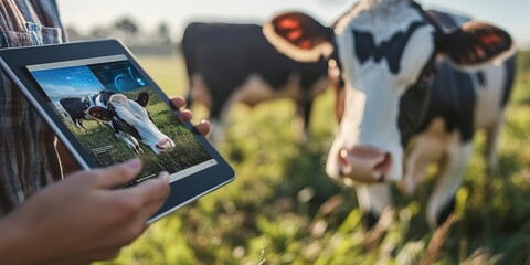 Poster - A farmer uses a tablet to monitor and manage dairy cattle, highlighting the integration of technology in agriculture.