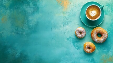 Coffee with heart shape foam, donuts with sprinkles and powdered sugar on turquoise background.