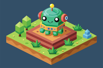 Poster - A cheerful alien character stands on an isometric platform, surrounded by green trees and blue crystals, ready for an adventure in a vibrant landscape.